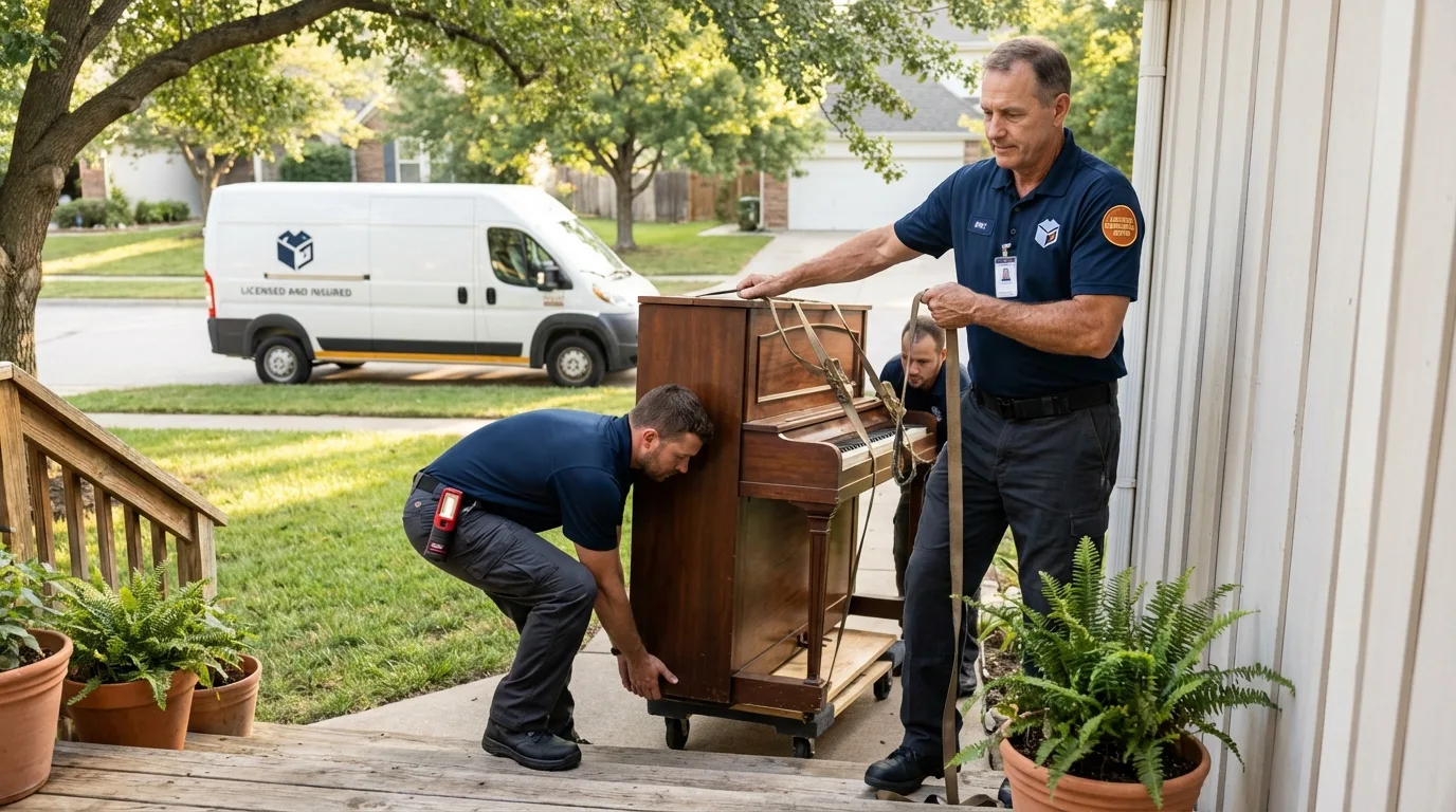 Licensed piano movers securing grand piano in Mulberry, FL
